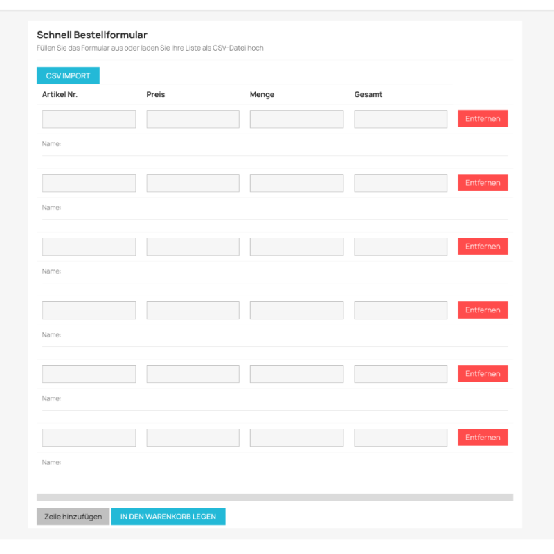 Schnellbestellformular, für B2B‑ und Großbestellungen