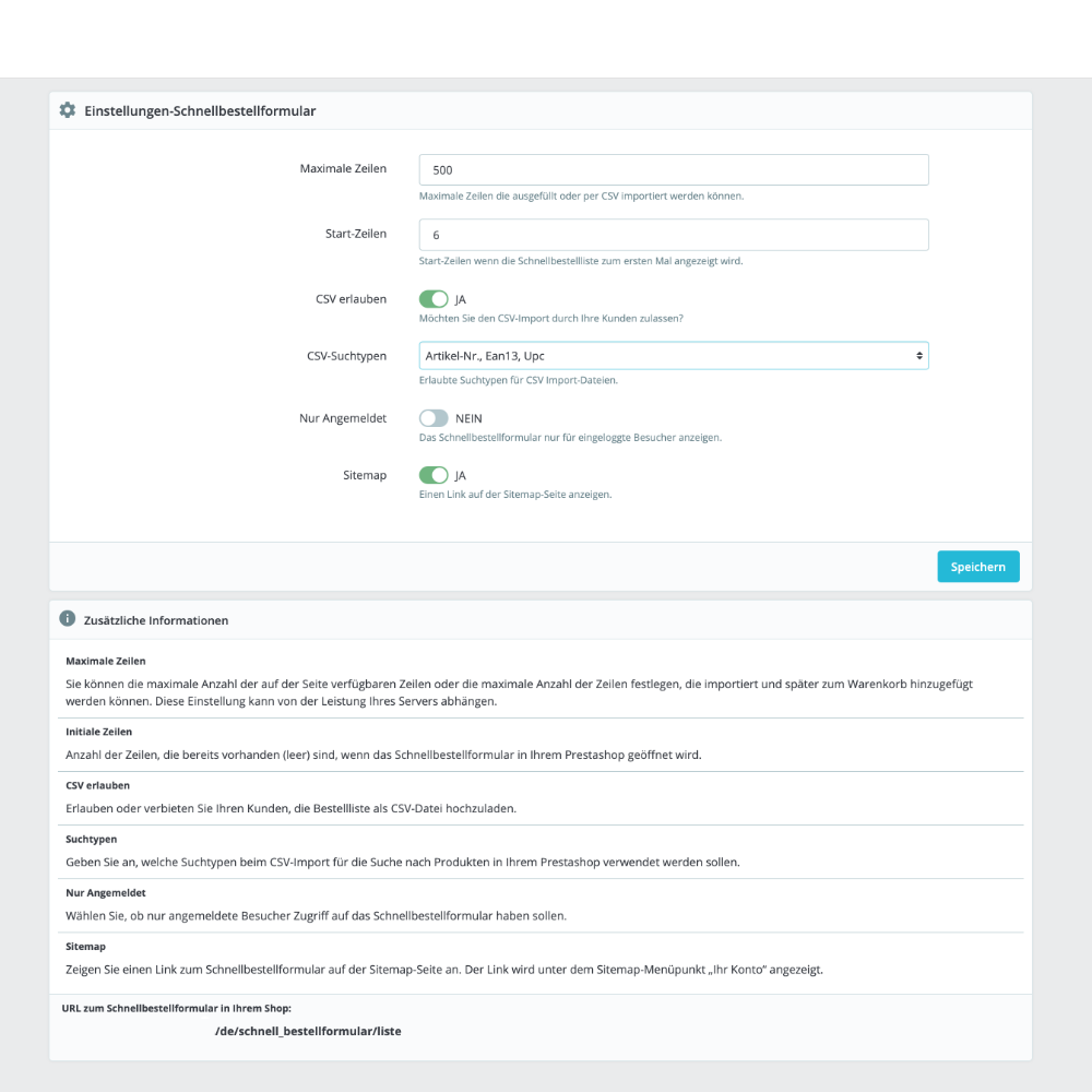Schnellbestellformular PrestaShop - Adminbereich