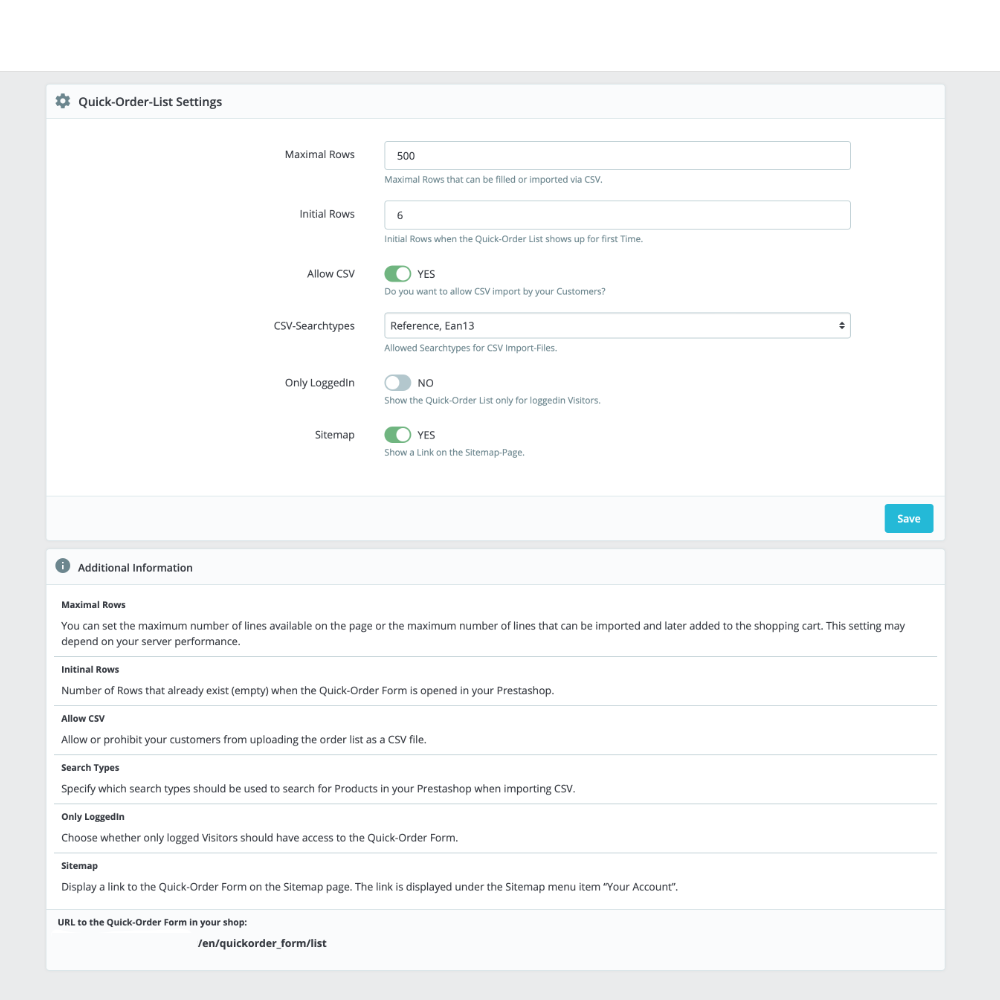 PrestaShop Quick Order – Admin settings
