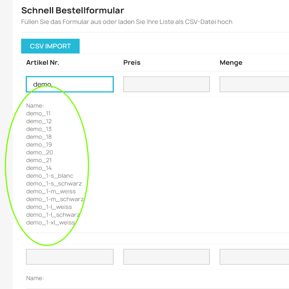 Schnellbestellformular PrestaShop - Artikel Zeilensuche