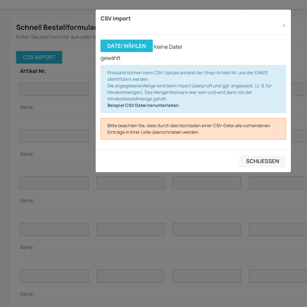 Schnellbestellformular PrestaShop - Csv Import