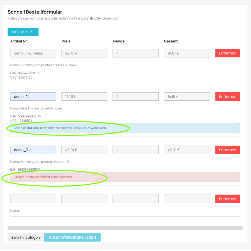 Schnellbestellformular PrestaShop - Automatische Zeilenprüfung